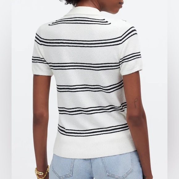 Madewell Top Womens Large Stripe Knit Short Sleeve Button Up Polo Sporty Prep - Picture 2 of 8